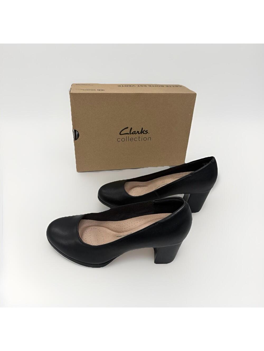 Clarks Womens Bayla Skip Dress Pumps US 8.5  Black Leather Slip On Heels NIB